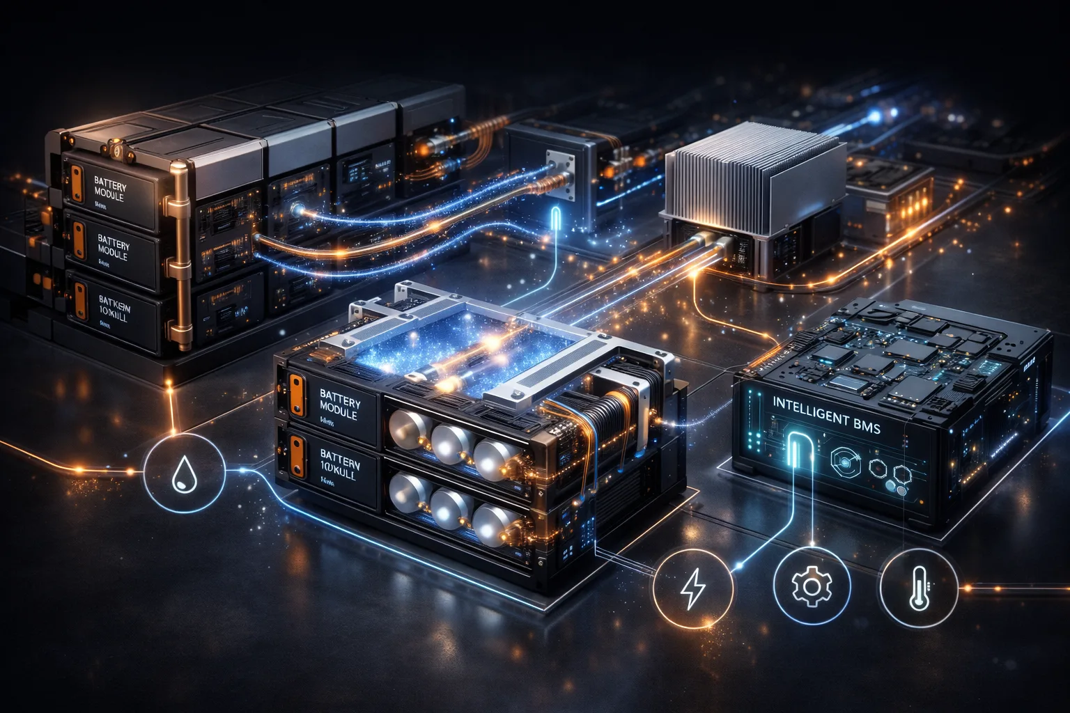 ESS cabinet architecture — cells, BMS, cooling